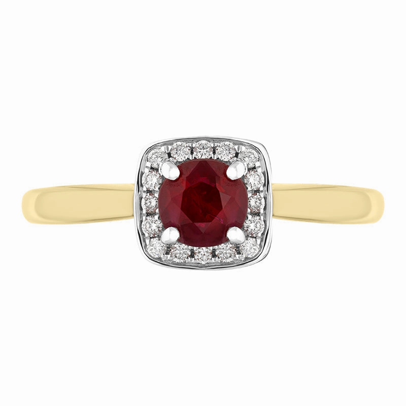 18ct Yellow Gold Ruby Diamond Pave Vintage Style Cushion Cluster Ring