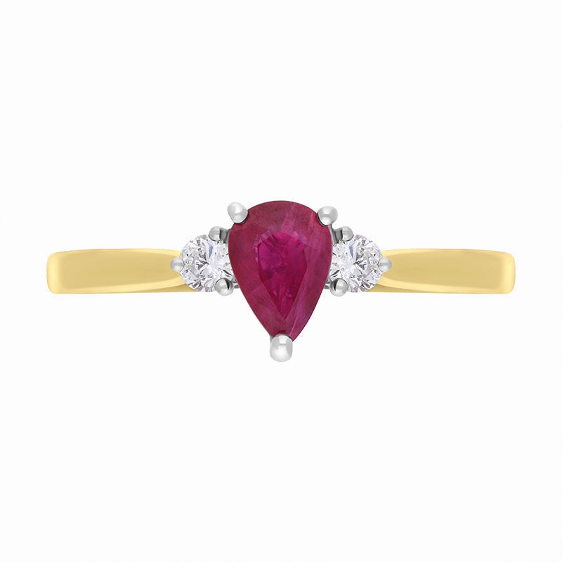 18ct Yellow Gold Ruby Diamond Pear Cut Three Stone Ring
