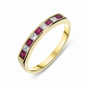 18ct Yellow Gold Ruby Diamond Princess Cut Half Eternity Ring