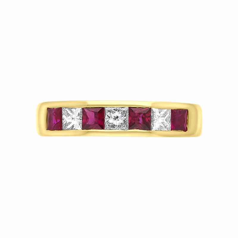 18ct Yellow Gold Ruby Diamond Seven Stone Princess Cut Channel Set Ring