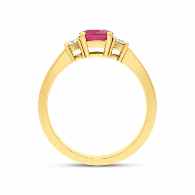 18ct Yellow Gold Ruby Diamond Three Stone Cushion Ring