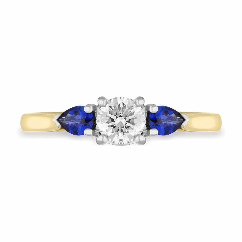 18ct Yellow Gold Sapphire Diamond Round and Pear Cut Three Stone Ring