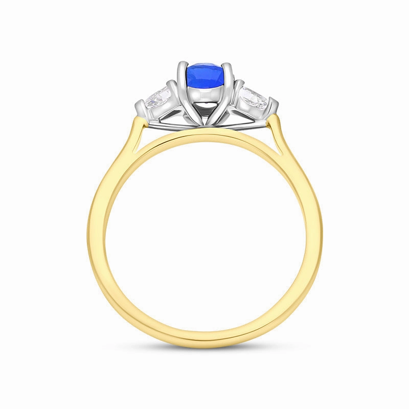 18ct Yellow Gold Sapphire Diamond Three Stone Oval and Pear Cut Ring D