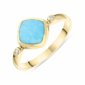18ct Yellow Gold Turquoise 0.04ct Diamond Curved Cushion Ring