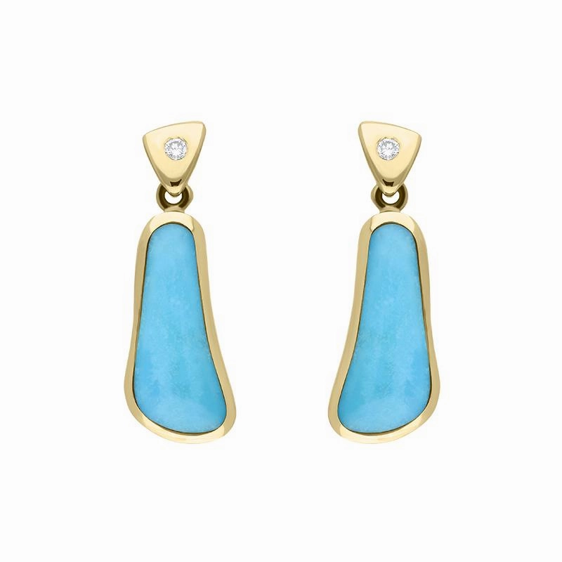 18ct Yellow Gold Turquoise 0.06ct Diamond Abstract Drop Earrings D