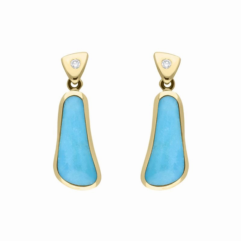 18ct Yellow Gold Turquoise 0.06ct Diamond Abstract Drop Earrings D