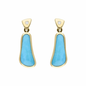 18ct Yellow Gold Turquoise 0.06ct Diamond Abstract Drop Earrings D