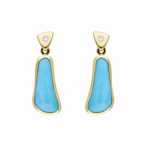 18ct Yellow Gold Turquoise 0.06ct Diamond Abstract Drop Earrings D