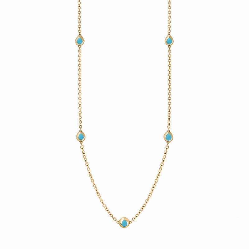18ct Yellow Gold Turquoise Fleur De Lis Link Disc Chain Necklace