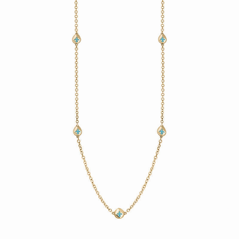 18ct Yellow Gold Turquoise Fleur De Lis Link Disc Chain Necklace