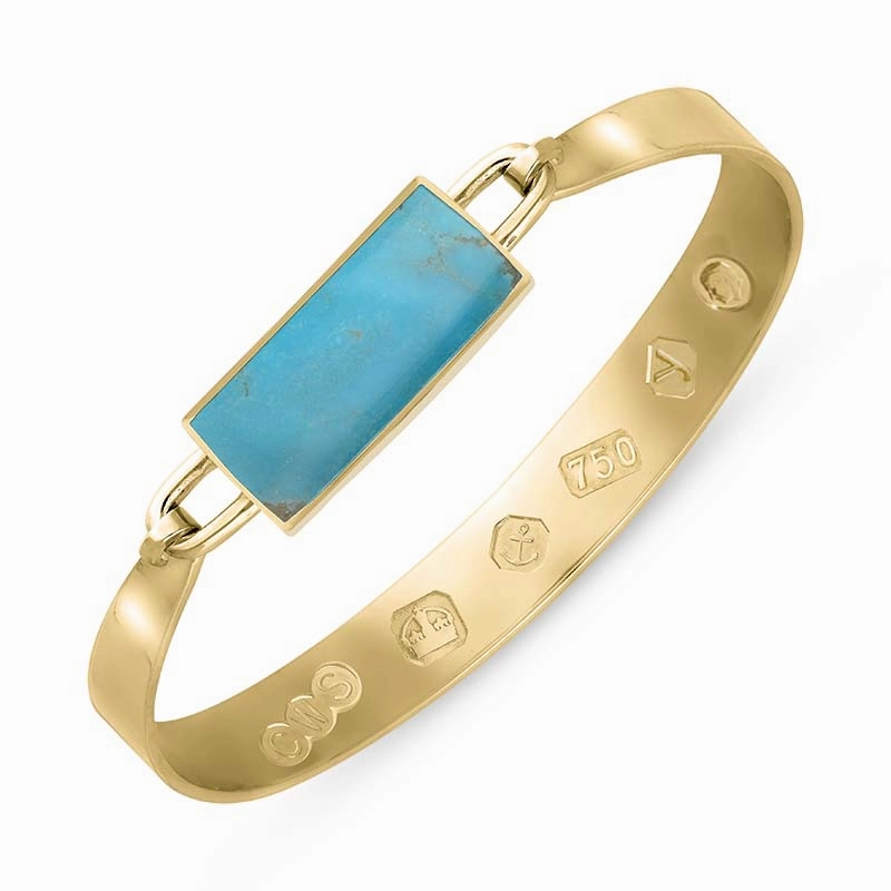 18ct Yellow Gold Turquoise King's Coronation Hallmark Wide Oblong Bangle D
