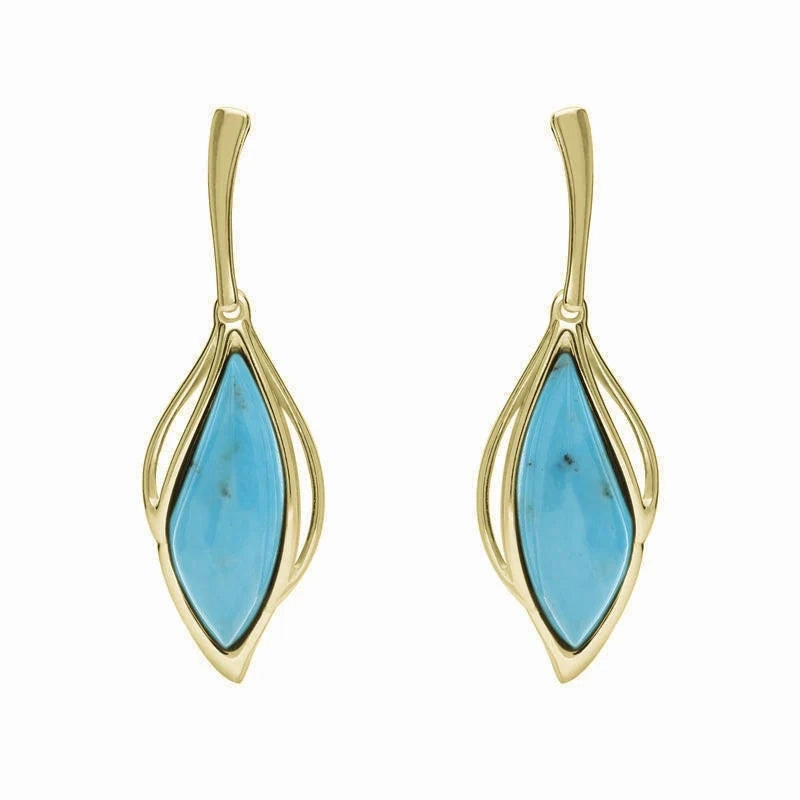 18ct Yellow Gold Turquoise Open Marquise Drop Earrings