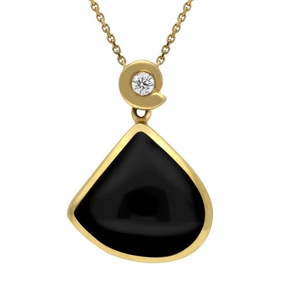 18ct Yellow Gold Whitby Jet 0.10ct Diamond Abstract Necklace D