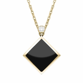 18ct Yellow Gold Whitby Jet 0.10ct Diamond Top Flat Square Necklace