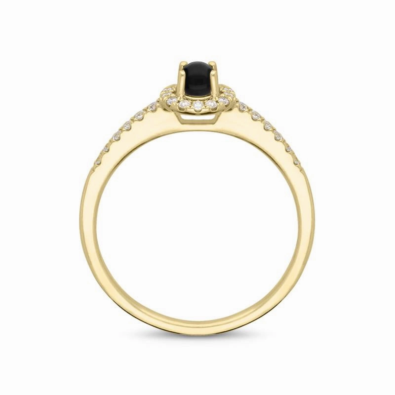 18ct Yellow Gold Whitby Jet 0.14ct Diamond Claw Set Round Centre Ring