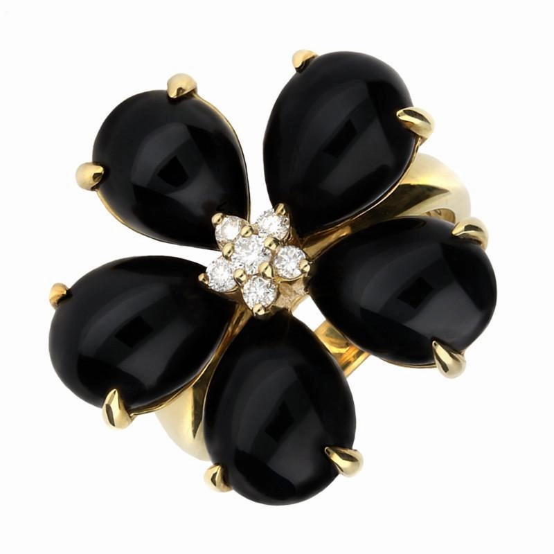 18ct Yellow Gold Whitby Jet 0.15ct Diamond Five Stone Petal Ring