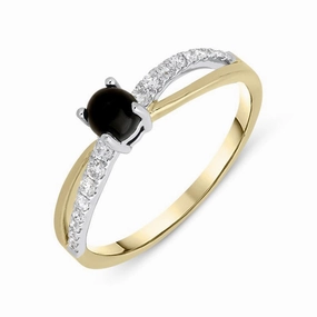 18ct Yellow Gold Whitby Jet 0.16ct Diamond Split Shoulder Ring
