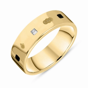 18ct Yellow Gold Whitby Jet 0.18ct Diamond Queen's Jubilee Hallmark Princess Cut 6mm Ring D