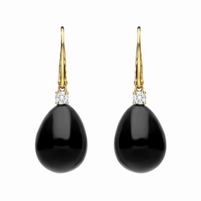 18ct Yellow Gold Whitby Jet 0.20ct Diamond Lever Back Pear Drop Earrings