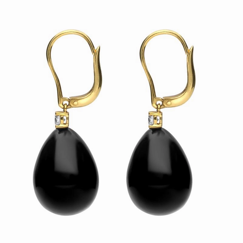 18ct Yellow Gold Whitby Jet 0.20ct Diamond Lever Back Pear Drop Earrings