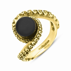 18ct Yellow Gold Whitby Jet Bead Twist Tentacle Ring