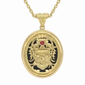 18ct Yellow Gold Whitby Jet Blood Red Ruby Commemorative Dracula Necklace