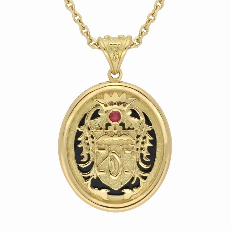 18ct Yellow Gold Whitby Jet Blood Red Ruby Commemorative Dracula Necklace