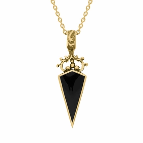 18ct Yellow Gold Whitby Jet Blue John Double Sided Scroll Dagger Fob Necklace