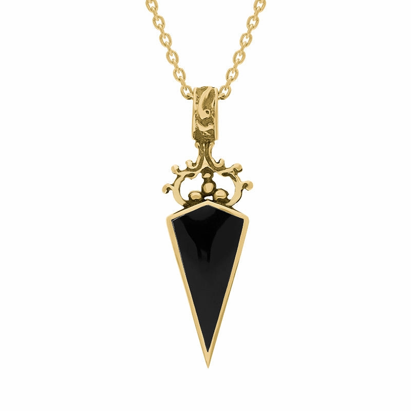 18ct Yellow Gold Whitby Jet Blue John Double Sided Scroll Dagger Fob Necklace