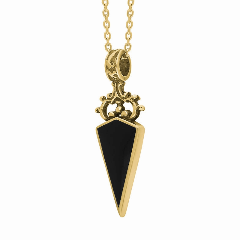 18ct Yellow Gold Whitby Jet Blue John Double Sided Scroll Dagger Fob Necklace