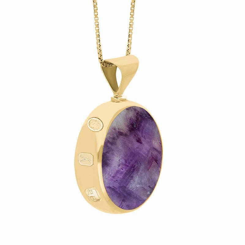 18ct Yellow Gold Whitby Jet Blue John King's Coronation Hallmark Double Sided Round Necklace D