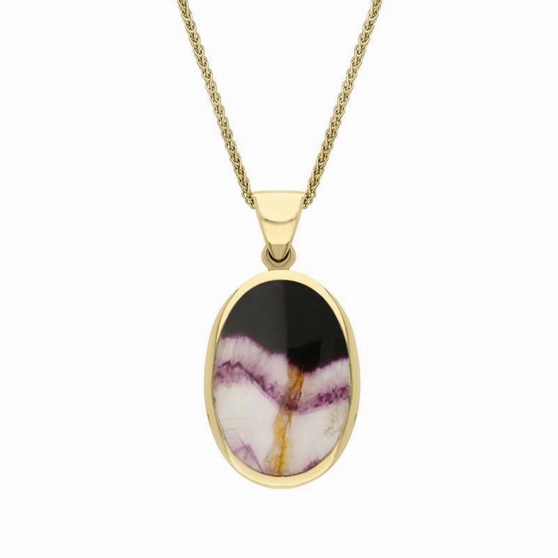 18ct Yellow Gold Whitby Jet Blue John Small Double Sided Fob Necklace