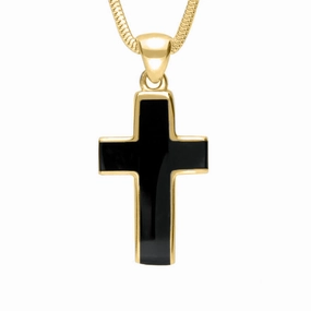 18ct Yellow Gold Whitby Jet Channel Set Cross Necklace