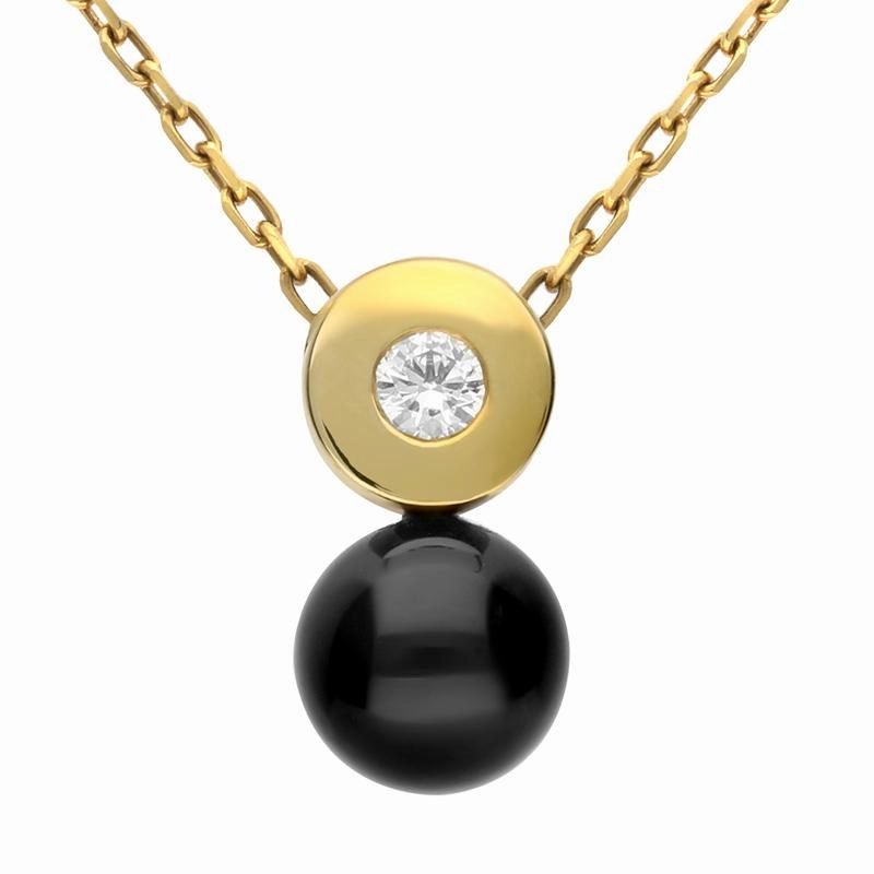 18ct Yellow Gold Whitby Jet Diamond Cylinder Bead Necklace D
