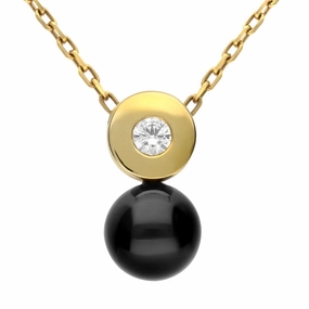 18ct Yellow Gold Whitby Jet Diamond Cylinder Bead Necklace D