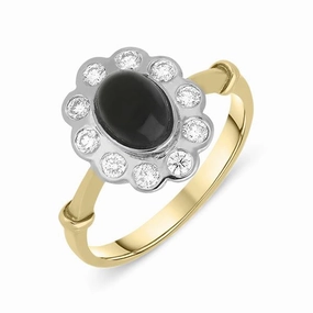 18ct Yellow Gold Whitby Jet Diamond Floral Cluster Ring