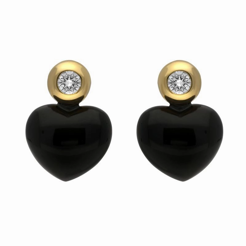 18ct Yellow Gold Whitby Jet Diamond Heart Stud Earrings