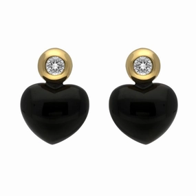 18ct Yellow Gold Whitby Jet Diamond Heart Stud Earrings