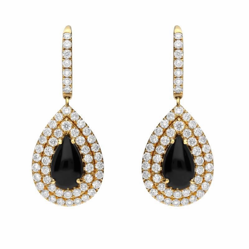 18ct Yellow Gold Whitby Jet Diamond Pear Drop Earrings