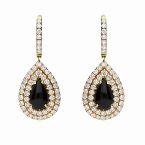 18ct Yellow Gold Whitby Jet Diamond Pear Drop Earrings