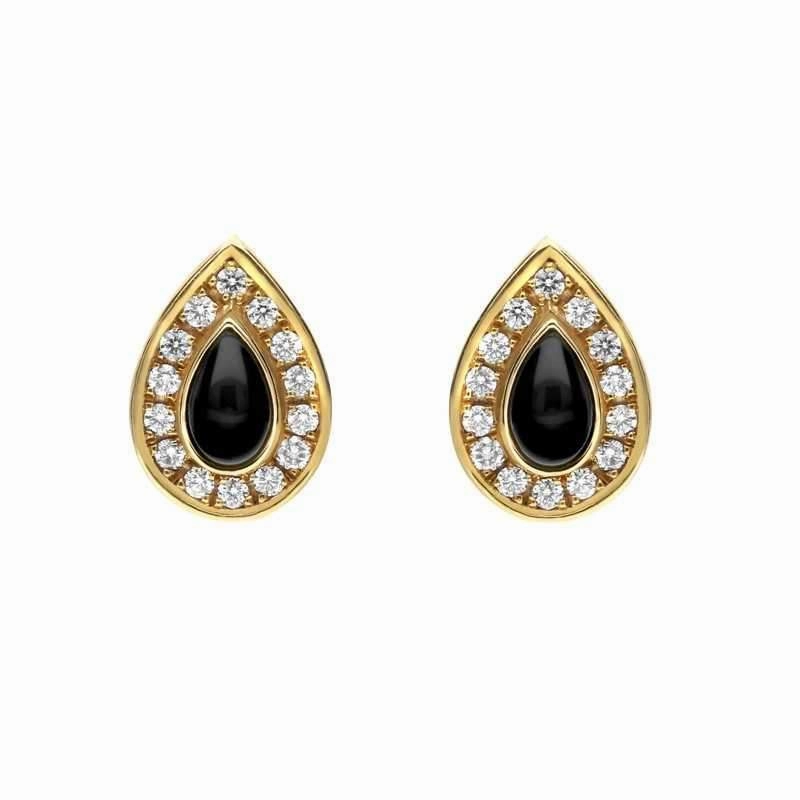 18ct Yellow Gold Whitby Jet Diamond Pear Shape Pave Stud Earrings