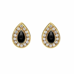 18ct Yellow Gold Whitby Jet Diamond Pear Shape Pave Stud Earrings