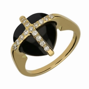 18ct Yellow Gold Whitby Jet Diamond Small Cross Heart Ring