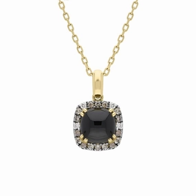 18ct Yellow Gold Whitby Jet Diamond Small Cushion Shaped Necklace