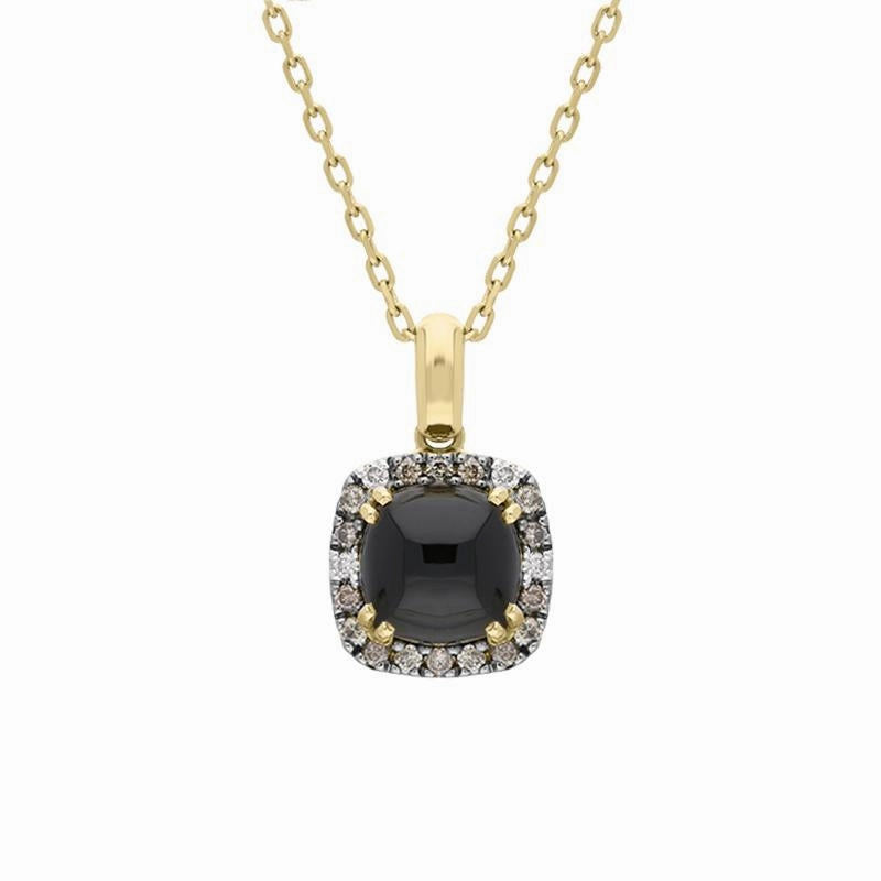 18ct Yellow Gold Whitby Jet Diamond Small Cushion Shaped Necklace