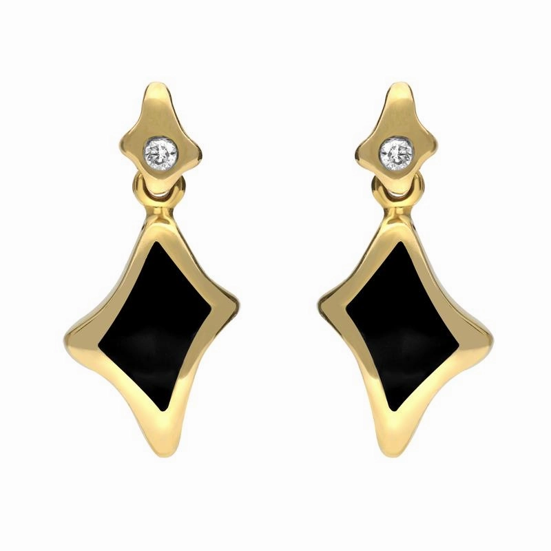 18ct Yellow Gold Whitby Jet Diamond Square Freeform Drop Earrings