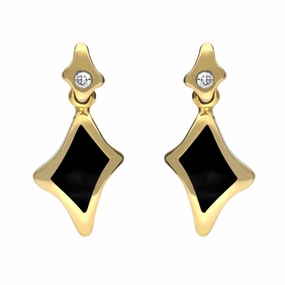 18ct Yellow Gold Whitby Jet Diamond Square Freeform Drop Earrings