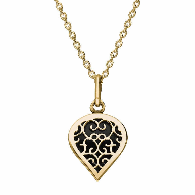 18ct Yellow Gold Whitby Jet Flore Filigree Small Heart Necklace