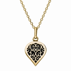 18ct Yellow Gold Whitby Jet Flore Filigree Small Heart Necklace