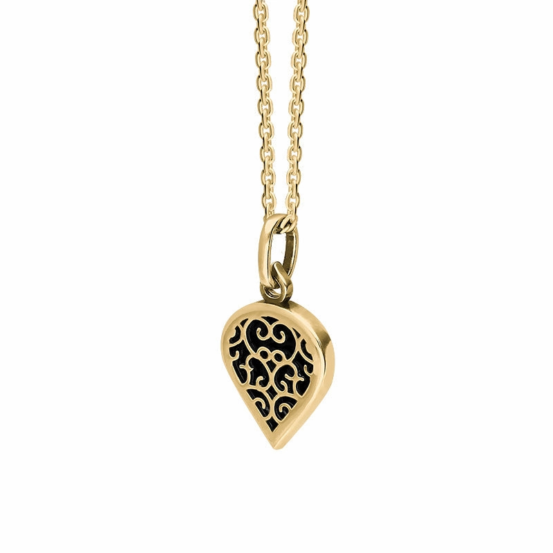 18ct Yellow Gold Whitby Jet Flore Filigree Small Heart Necklace